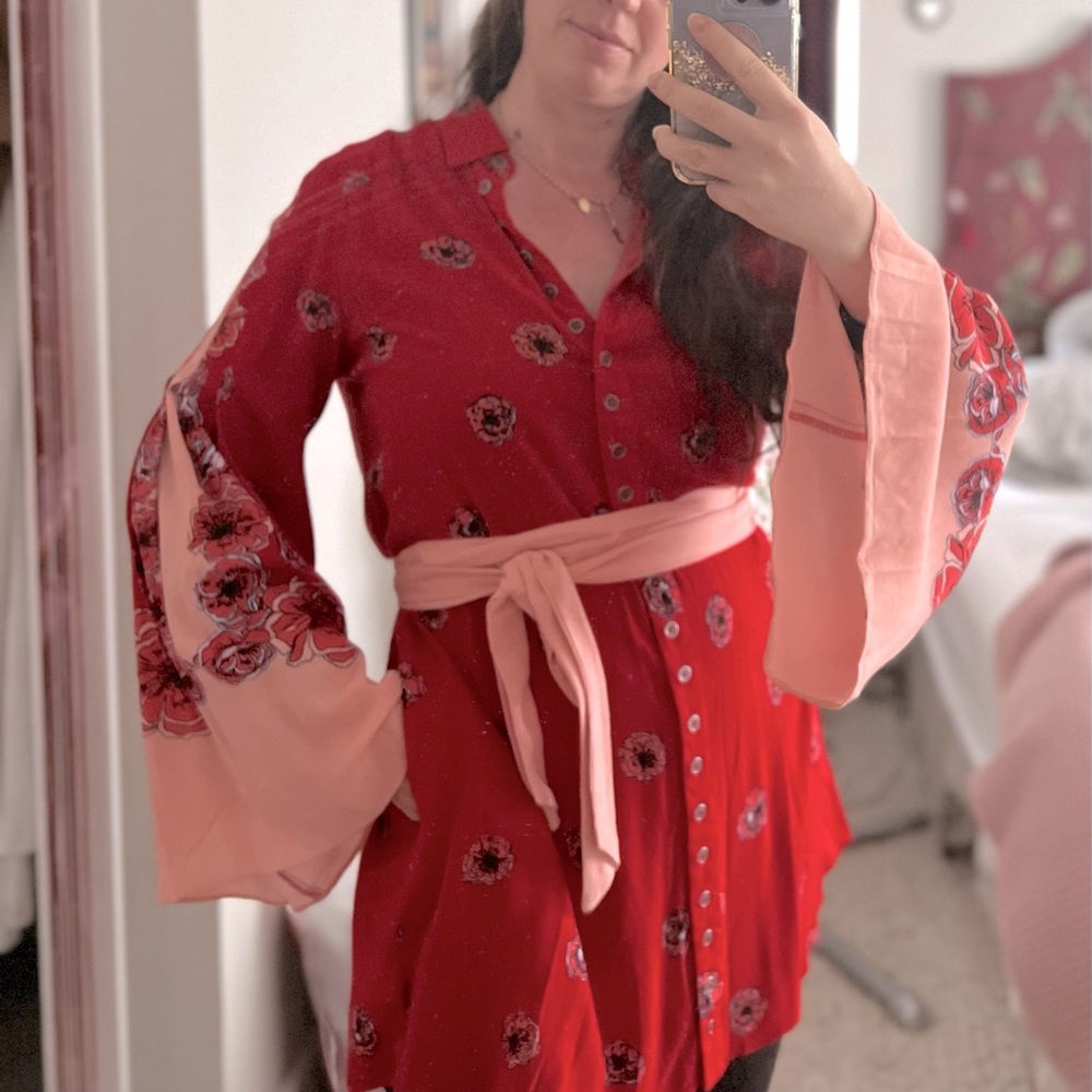 Free People retro 70’s tunic shirt flare sleeve poppy flower red NWT